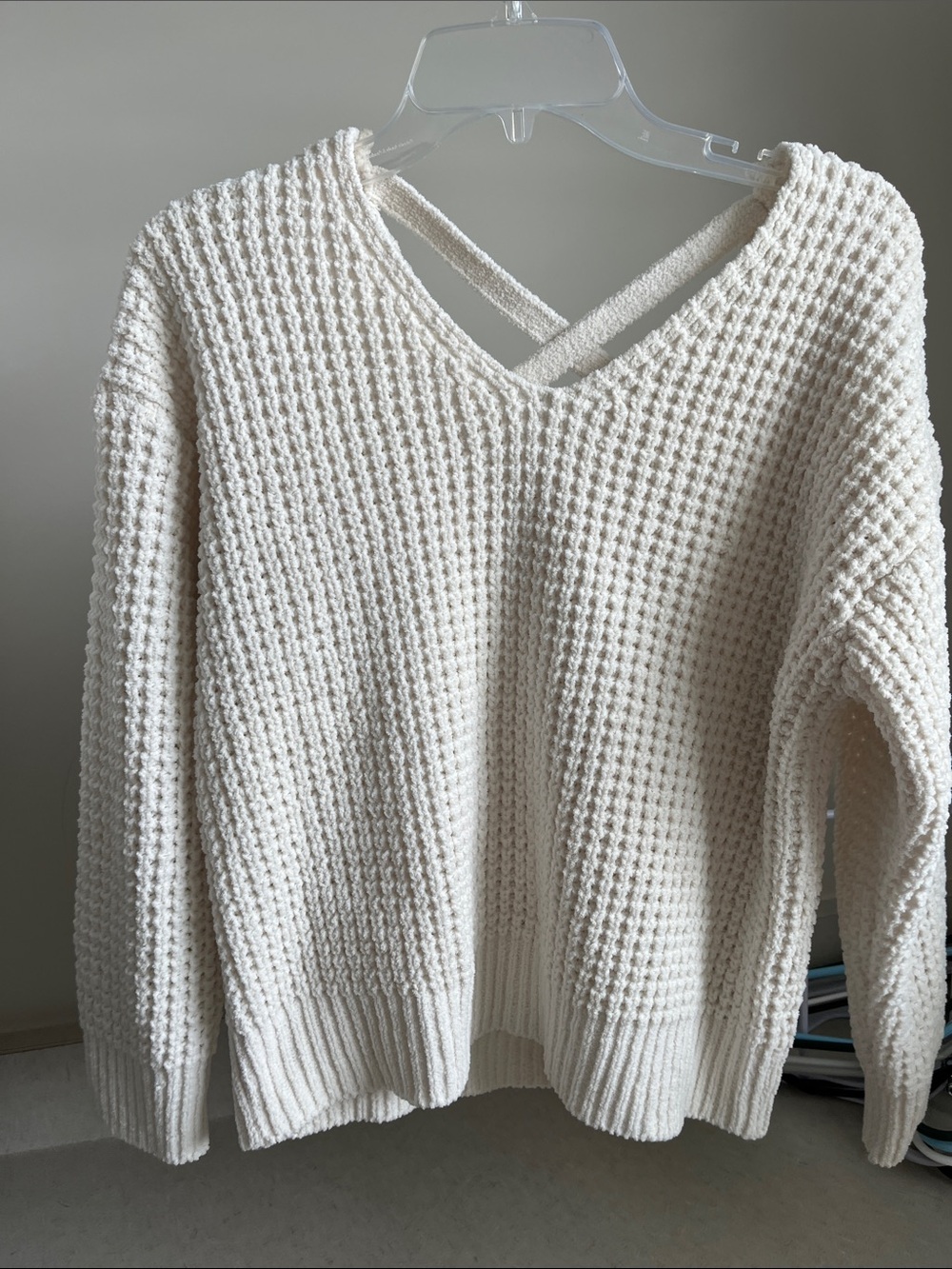 Women's Cream V-Neck Waffle Knit Sweater with Back Strap Detail
